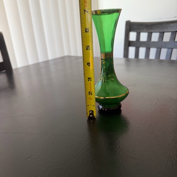 Vintage Emerald Green Glass Vase Gold Rim Hand Painted Flowers Czech Bohemian - Picture 2 of 14